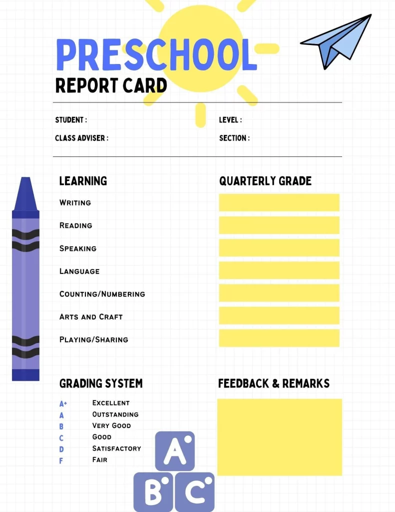 Preschool Report Card, Preschool Printable, Preschool